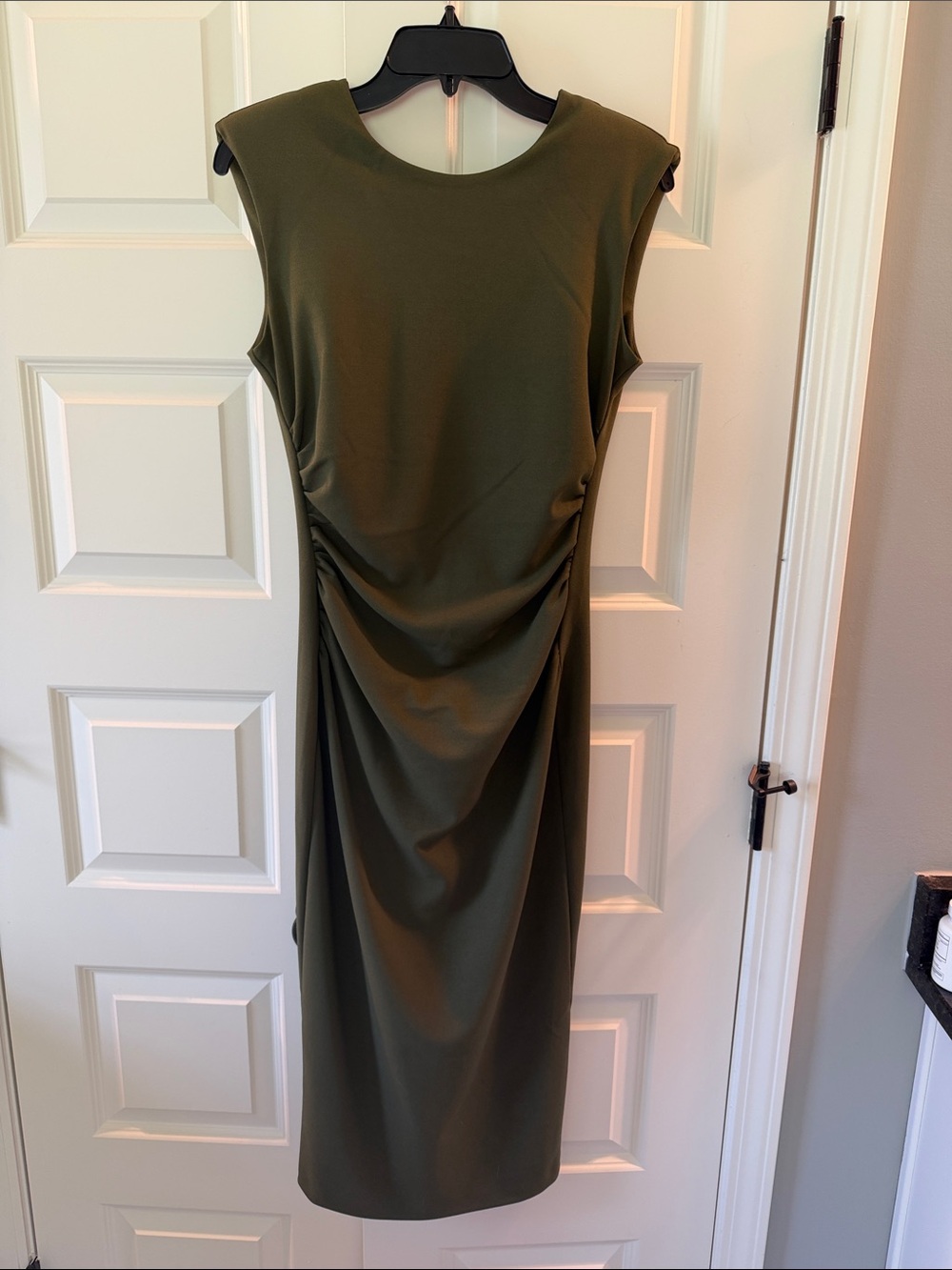 Alex Marie Sleeveless Olive Ruched Midi Dress